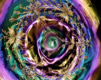 Kralik Loetz Moser Amethyst Iridescent Art Glass Bowl with Heavy Gold and painted Floral Enamel Decoration And Threaded Exterior 9"