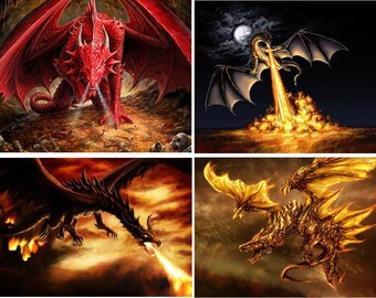 Lot Of 6 Dragons Fabric Panel Quilt Squares