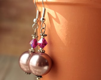 Women Pearl Earrings, Dangle Pearl Earrings, Glass Pearl Earrings, Handmade Earrings, Light Mauve Pearls, Handmade Earrings in USA,