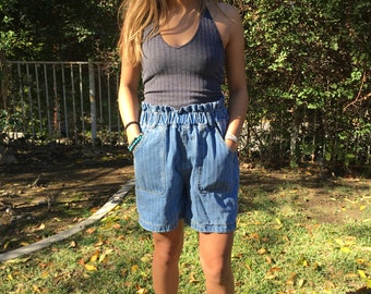 Denim shorts, high waisted shorts, stretch waist, XL,blue,stripe