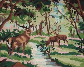 Beautiful vintage French needlepoint tapestry canvas - Deers at the lake - Deers needlepoint