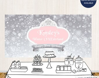 Winter Onederland Backdrop, Pink And Silver Party Backdrop, Winter Wonderland Party, Ice Princess Party,Snowflakes Printed Or Printable File