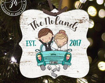 First Christmas just married vintage car metal ornament - great Christmas gift for newlywed couple MPO-004