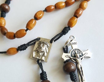 Wood beaded Rosary, Crown of Thorns, Saint Benedict, micro Paracord