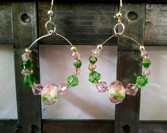 Rose Hoop Earrings; spring earrings; crystal rose hoop earrings; rosebud crystal earrings; rosebud lamp work earrings; lamp work and crystal