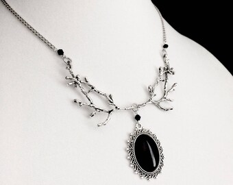 Black Cameo Necklace, Branch Necklace, Gothic Jewelry, Witchy Jewelry, Gothic Necklace, Forest Necklace, Black Agate, Victorian Gothic