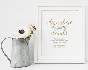 Signature Drinks Sign, Bride and Groom Cocktails, Printable Signature Drink Sign Wedding, 8x10", Greenery, Wedding Signage. Edit in ACROBAT