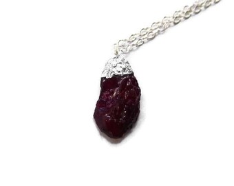 Natural Ruby Necklace - Raw Rough Gemstone Pendant Necklace - July Birthstone Necklace - Sterling Silver Red Gemstone Necklace