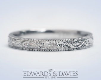 Hand Engraved White Gold Wedding Band Ring | Antique Style Wedding Ring | Stacking Ring | Antique Engraved Ring | Wedding Ring |Promise Ring