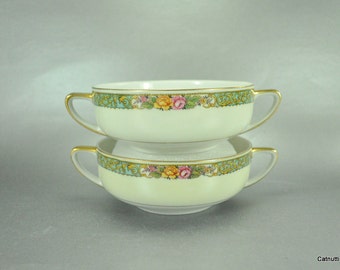 Bohemia Czechoslavkia Soup Bowls Vintage TK Thun Double Handled Floral Border Set of 2