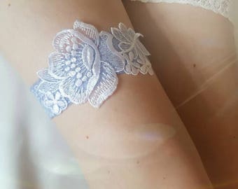 Wedding garter, MID BLUE lace garter, bridal garter, something blue, blue garter, floral garter, bridal shower