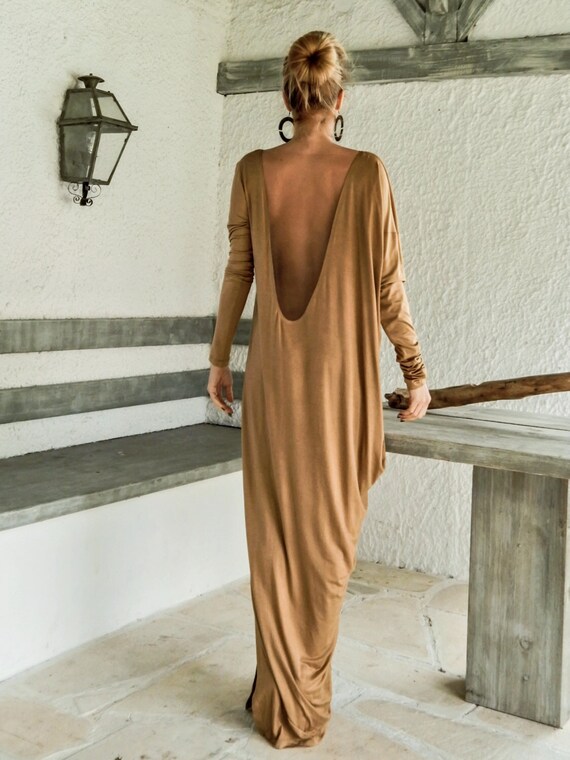Camel Taupe Dress Kaftan with Nude See-Through Detail