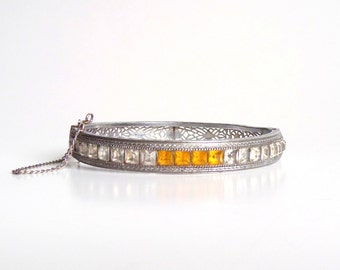 Art Deco Filigree Bracelet. Golden Amber and Clear Stones.