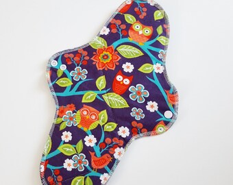 Mama Cloth Pad With Wings .. 14 inches Postpartum Heavy Flow - Purple Owl Flannel FREE SHIPPING