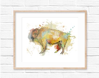 Buffalo Print, Bison Print, Watercolor Buffalo, Nursery Decor, Watercolor Print, Rustic, Buffalo Wall Art, Animal Print, Buffalo Nursery