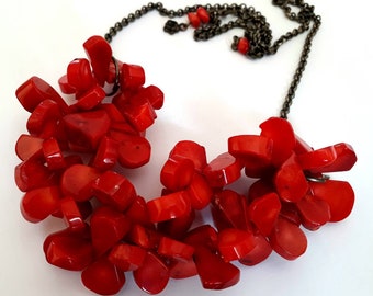 Natural red coral cluster gemstone necklace