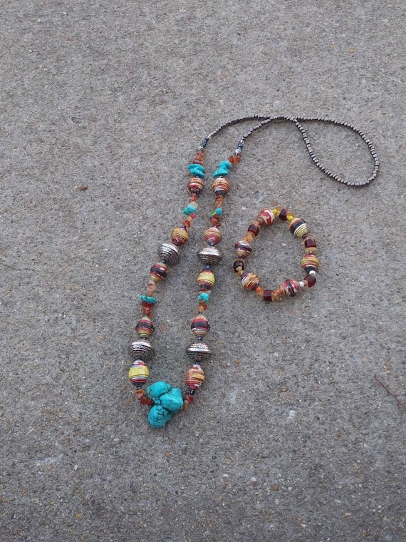 Boho/ western turquoise and paperbead necklace/ silver/ red
