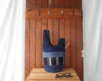 Knot bag recycled denim knitting tote pouch patchwork design