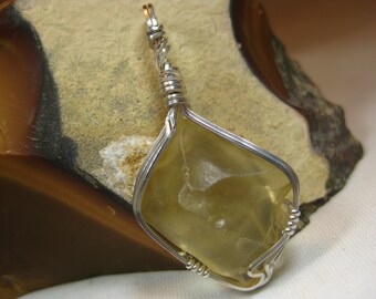 Libyan Desert Glass Tektite Pendant in Sterling Silver Wire