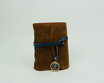 Leather Journal - Handmade paper with leather wrap and compass