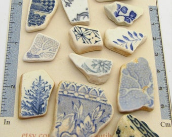 Flowers Trees & Foliage- 12 Scottish Blue /White Sea Pottery Shards. Vintage Sea Pottery jewellery/art supplies/seaside beach nautical theme