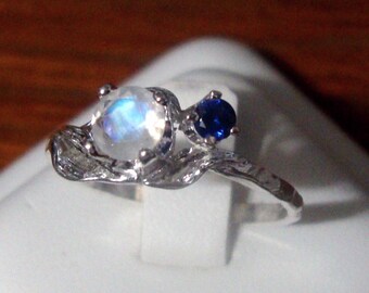 Rainbow Moonstone Ring Blue Sapphire leaf - eco-friendly sterling silver with Fair Trade Custom Made in USA in your Size - Woodland Fae