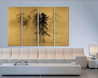Ancient Japanese art, Japanese painting, Reproduction, Hasegawa Tohaku. Pines. Detail of the screen. Fine art. Asian art. Printed copy