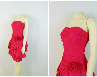 Vintage Dress 80s Prom Dress Tadashi Strapless Pink Pleated Ruffle 3 Tier Skirt Size 4 Modern XS - W 1980s Prom Dress