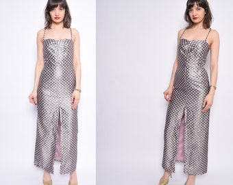 Vintage 70's Metallic Maxi Dress /Front Slit Maxi Prom Dress / Silver Scrappy Maxi Dress - Size Small