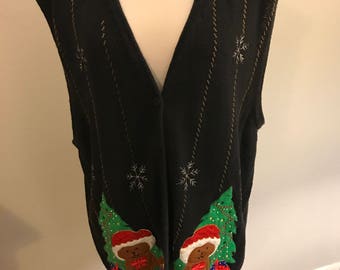 Christmas tacky ugly black sweater vest teddy bears 22W