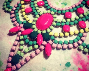 Preppy Custom Vintage Hand Painted Rhinestone Statement Necklace - Tom Binns look