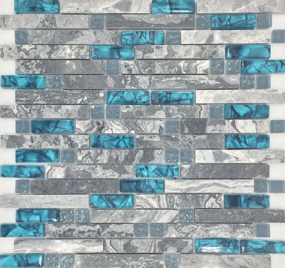 Gray Marble Backsplash Tile Peacock Blue Glass Mosaic Random