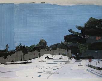 Homestead in January, Original Winter Landscape Collage Painting on Paper, Stooshinoff