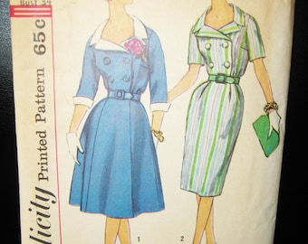 Simplicity Dress Pattern #3859, Size 14, Flared Or Pencil Skirt, Double Breasted, Vintage 1950 Or 1960 Pattern, Complete, Slenderette