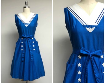 Vintage 1950s Dress • Ahoy • Blue White Sailor Wrap 50s Dress by Swirl Size Small
