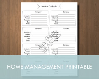 Home Management Form Home Services Form Home Utilities Contact Form | Printable