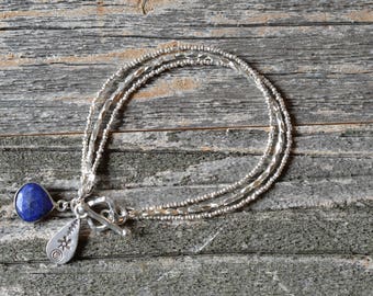 Hill Tribe Silver 3 Strand Bracelet - Handstrung Bracelet - Sterling Silver, Lapis Lazuli Bezel Charm