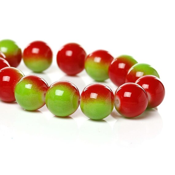 15 Green & Red Glass Beads 10mm BD778