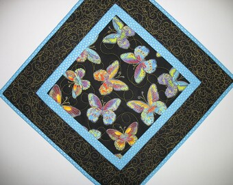 Butterfly Table Topper, quilted, handmade, multicolored, gold metallic, Timeless Treasures fabric
