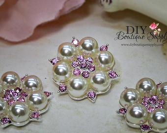 Light PINK Rhinestone & Pearl buttons Crystal Embellishments Headband Supplies flower centers Metal Flat back 5 pcs 26mm 459063