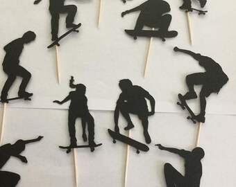 Skateboard silhouette cupcake toppers, skateboard lover party