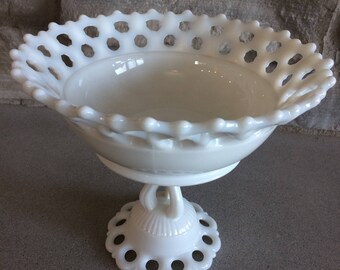 Large Mik Glass Compote with Open Lace Edge Pedestal Bowl Milk Glass Centerpiece