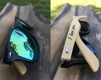 Personalized Wood Sunglasses, your name, image or text engraved, one or two side, Blue color, gift present men women boyfriend girlfriend