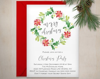 Christmas Invitation, Printable Wreath Christmas Template, Instant Download Editable PDF, WLP491