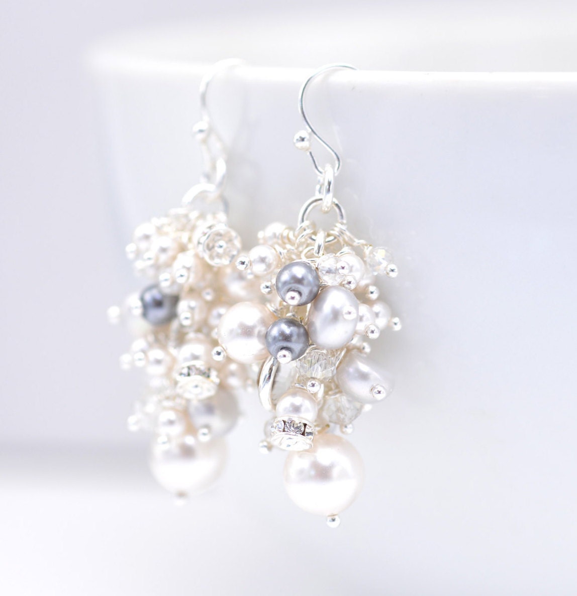Pearl Cluster Earrings Pearl Earrings Wedding Bridal Pearl