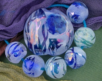 Lampwork Bead Set "Reef Window" Handmade Sandblasted Iridescent Lustre Faceted Dichroic Glass Window Focal Bead and 6 Spheres ~ True Blue