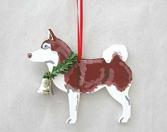 Hand-Painted SIBERIAN HUSKY RED Wood Christmas Ornament Artist Original...choose pine or candy cane design