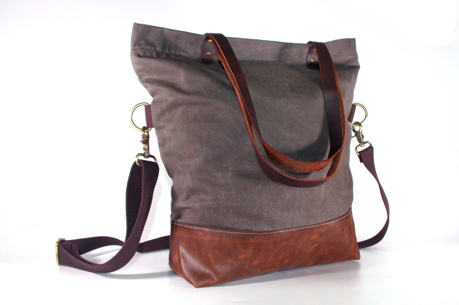 waxed canvas toteGrey Tote Leather Bottom Bag/ Leather