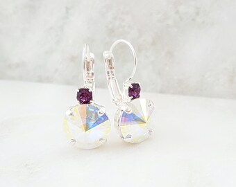 Amethyst Drop Earrings - AB Crystal Earrings - Iridescent Rhinestone Earrings - Silver Purple Earrings - February Birthstone Jewelry E3028