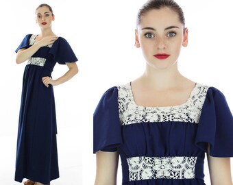 60s Hippie Dress Vintage 70s Floral Lace Empire Waist Mod Boho Renaissance Prairie Flutter Sleeves Small S Medium M